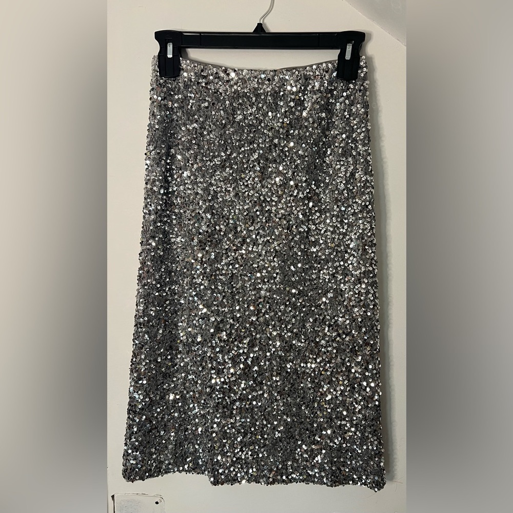 🏷️ Gibson Latimer Silver Sequin Women's Midi Skirt Size Small NWT